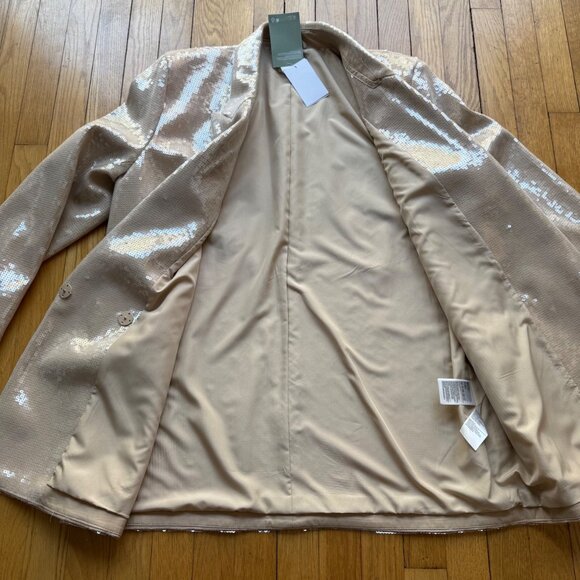 H&M Size L NEW Beige Sequined Glam Rock Party Peak Lapel Blazer Jacket - Picture 14 of 16